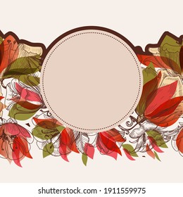 Round floral frame or border. Circular romantic design space for text