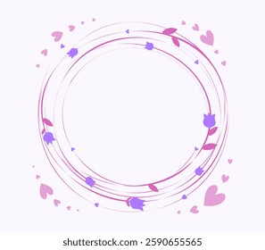 Round floral frame, border with space for text, wishes and congratulations. Design of festive greeting card for International Women's Day, Birthday. Flower wreath made of grass and branches.