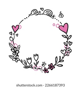 Round floral frame border. Spring pattern. Hand drawn round line border, leaves and flowers. Botanical circle frame. Ethnic floral elements vector. For wedding invitations, greeting cards.