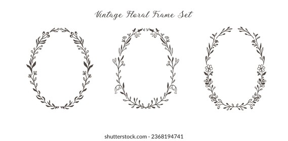 Round Floral frame border in vintage hand drawn style