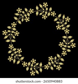 Round floral frame or border. Wreath of blooming branches. Golden glossy silhouette on black background.