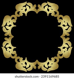 Round floral frame or botanical border with leaf branches. Golden glossy silhouette on black background.