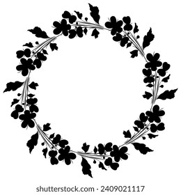 Round floral frame or botanical border with blooming branches of wild pansy or viola tricolor flower. Vintage style. Black silhouette on white background.
