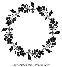 Round floral frame or botanical border with blooming branches of wild pansy or viola tricolor flower. Vintage style. Black and white silhouette.
