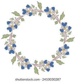 Round floral frame or botanical border with blooming branches of wild pansy or viola tricolor flower. Vintage style. Isolated vector illustration.