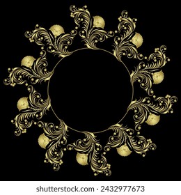 Marco floral redondo. Borde botánico con ramas florecientes. Motivo medieval popular ruso. Silueta brillante dorada sobre fondo negro.