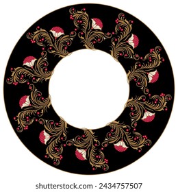 Round floral frame. Botanical border with blooming branches. Folk Russian medieval motif. On black background.