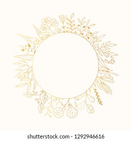 Round floral frame. Botanical garland. Vector isolated design elements. Vintage vine hand drawn wreath. Branch border.