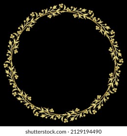 Round Floral Frame. Botanical Wreath With Leaves And Berries. Golden Glossy Silhouette On Black Background.