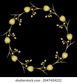 Round floral frame with branches of alder tree with leaves and catkins. Golden glossy silhouette on black background.