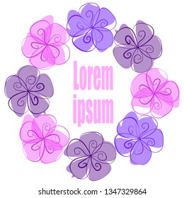 Round floral frame with buds of fantasy flat flowers. Greeting cards or invitations design, template. Botanical Floral Decoration. Flowers with shifted fillings.