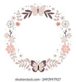 Round floral frame with butterflies. Cute cartoon Bohemian Scandi nursery posters in beige and gray colors. Boho vector print