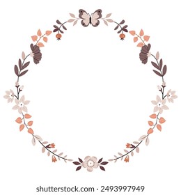 Round floral frame with butterflies. Cute cartoon Bohemian Scandi nursery posters in beige and gray colors. Boho vector print