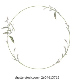 Round floral frame. Capital letter O with herbs and wildflowers. Blooming green branches of Polygonum plant. Knotweed or Smartweed flower. Isolated vector illustration.