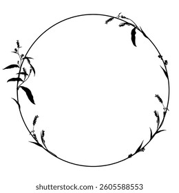 Round floral frame. Capital letter O with herbs and wildflowers. Blooming green branches of Polygonum plant. Knotweed or Smartweed flower. Black silhouette on white background.