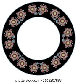 Round floral frame. Circular botanical border. Wreath of stylized flowers in a ring. Folk style. On black background.