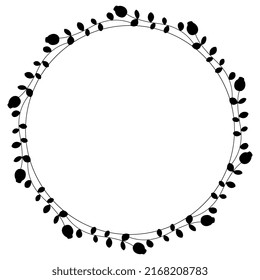Runder Blumenrahmen. Zirkuläre botanische Grenze. Kranz blühender Äste. Folk-Stil. Schwarze Silhouette auf weißem Hintergrund.