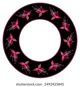 Round floral frame or circular botanical border with blooming flowers of purple fuchsia plant in a ring. On black background. 