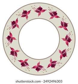 Round floral frame or circular botanical border with blooming flowers of purple fuchsia plant in a ring. On white background. 