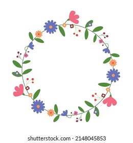 Round floral frame. Circular flower wreath. For greeting card, wedding , birthday card, invitation. Vector illustration.