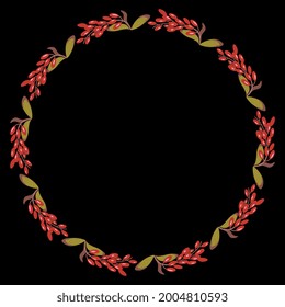 Round floral frame with clusters of ripe red berries. Botanical border with branches of dogwood or barberry. Cornus mas.  Berberis. On black background.
