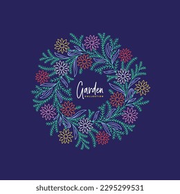 Round floral frame with colorful flowers, branches and leaves. Botanical composition. Design for label, invitation, card, poster. Linear graphic style. Vector illustration.