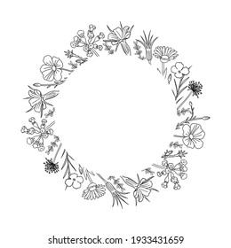 Marco floral redondo con hermosas flores de primavera. Estilo simple dibujado a mano. Ilustración del contorno del vector, aislada en un fondo blanco
