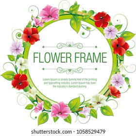 Round floral frame for decorating labels and wedding invitations. Vector