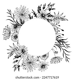 Marco floral redondo con flores silvestres decorativas. Ilustración vectorial en blanco y negro dibujada a mano.