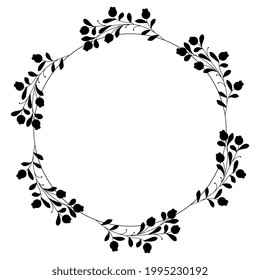 Round floral frame with delicate blooming branches with leaves and berries. Black silhouette on white background.