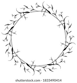 Round floral frame with delicate branches of eucalyptus or willow tree. Black silhouette on white background.