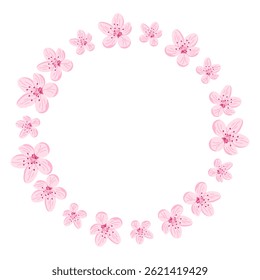 Round floral frame with delicate pink cherry blossoms arranged in a soft circular wreath. Represents spring, tenderness and romantic elegance with space for text in the center