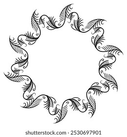 Round floral frame with elegant vines. Botanical border with stylized branches. Vintage motif. Black silhouette on white background.