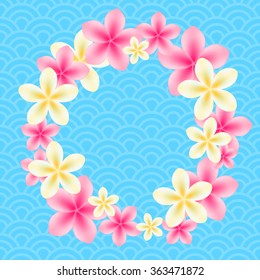 Round floral frame. Frangipani, plumeria flowers on blue wave background.