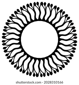 Round floral frame. Geometrical circular border with abstract botanical motifs. Black silhouette on white background.