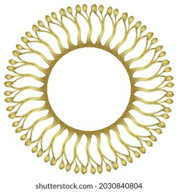 Round floral frame. Geometrical circular border with abstract botanical motifs. Golden glossy silhouette on white background.