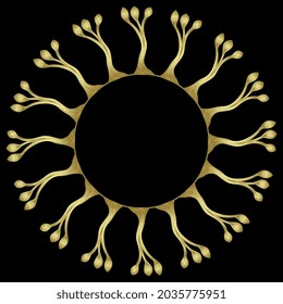 Round floral frame. Geometrical circular border with abstract botanical motifs. Golden glossy silhouette on black background.