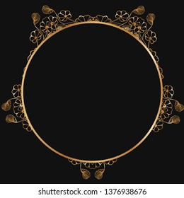 Round floral frame. Gold border silhouettes. Can be used for decoration and design photo frame, menu, card, scrapbook, album. Vector Illustration.