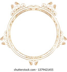 Round floral frame. Gold border silhouettes. Can be used for decoration and design photo frame, menu, card, scrapbook, album. Vector Illustration.