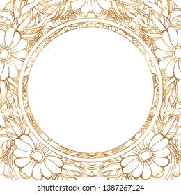 Round floral frame. Gold border silhouettes. Can be used for decoration and design photo frame, menu, card, scrapbook, album. Vector Illustration.