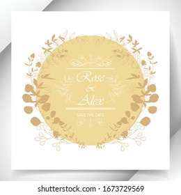 Round floral frame with golden contour decorative herbs against a champagne color background. Registration of wedding invitations, congratulations, cards.
