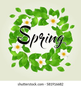 Round floral frame with green leaves and white spring flowers. Vector illustration.