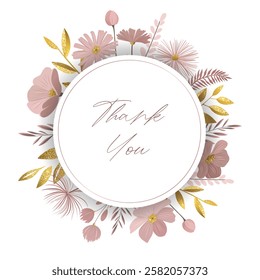 Round floral frame for greeting card, invitation. Botanical template with golden leaves and delicate meadow flowers.