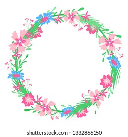 Round floral frame. Hand-drawn vector illustration. Spring colors.