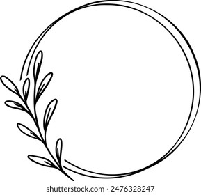 Round floral frame isolated on white background. Border with leaves, wreaths, flower elements. Hand drawn sketch pencil style.