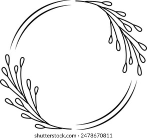 Round floral frame isolated on white background. Border with leaves, wreaths, flower elements. Hand drawn sketch pencil style.