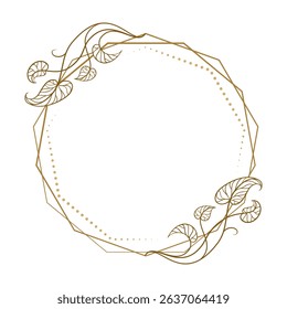 Round floral frame with ivy vines in fine line style. Botanical gold vector border for natural product labels or seasonal decor.