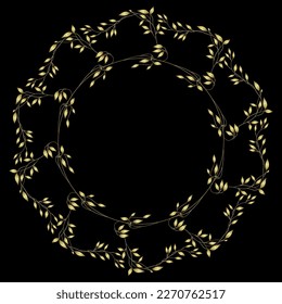 Round floral frame with leaf branches. Golden glossy silhouette on black background.
