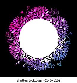 Round Floral Frame with leaves and flowers on dark background. Can be used for a Greeting Card, poster, banner, invitation, tag. Neon colors vector illustration