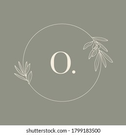 Round Floral frame with the Letter O. Wedding Monogram and Logo with Olive Branch in Modern Minimal Liner Style. Vector template for Invitation Cards, Save the Date. Botanical illustration